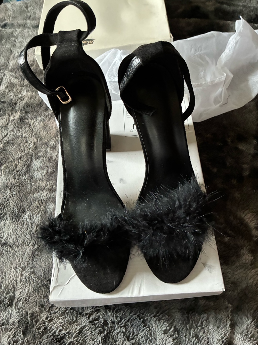Black Feather-Trim Ankle-Strap Women’s Heels